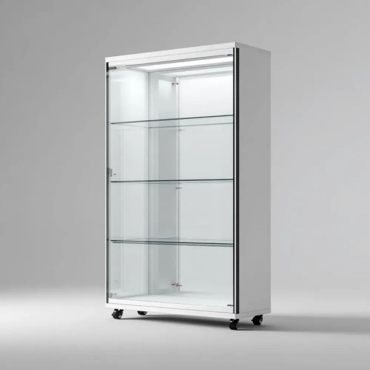 Biała witryna szklana na kółkach z aluminium i szkła hartowanego 80 × 40 × 180 cm