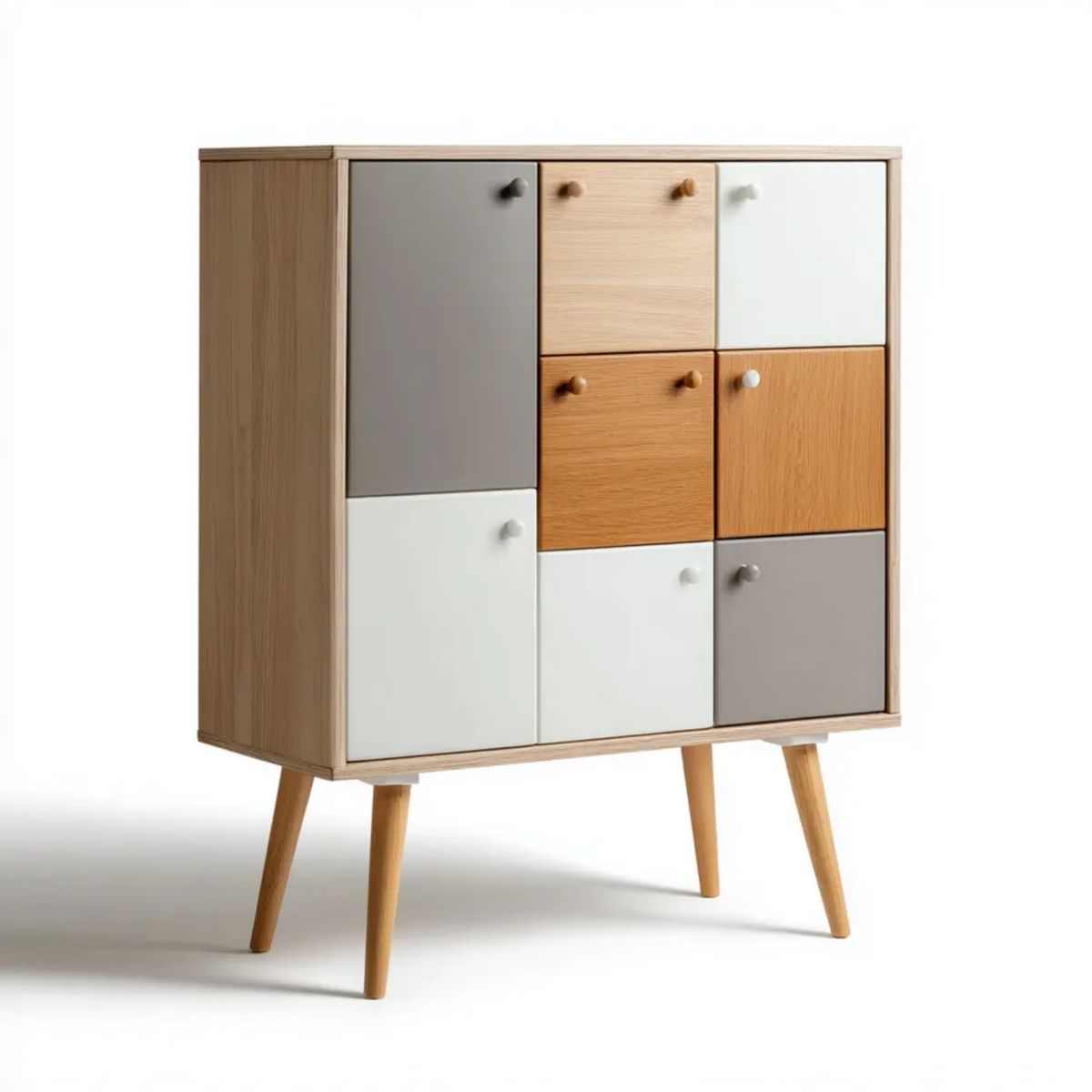 Komoda MDF z 8 drzwiczkami, dąb/biały/szary, 90 × 40 × 120 cm