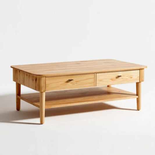 Stolik kawowy z litego drewna, naturalny sosnowy, 110 x 60 x 45 cm, 2 szuflady i dolna półka