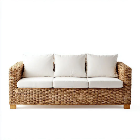 3-osobowa sofa ogrodowa z naturalnego rattanu naturalny brąz/kremowa, 220 × 85 × 85 cm