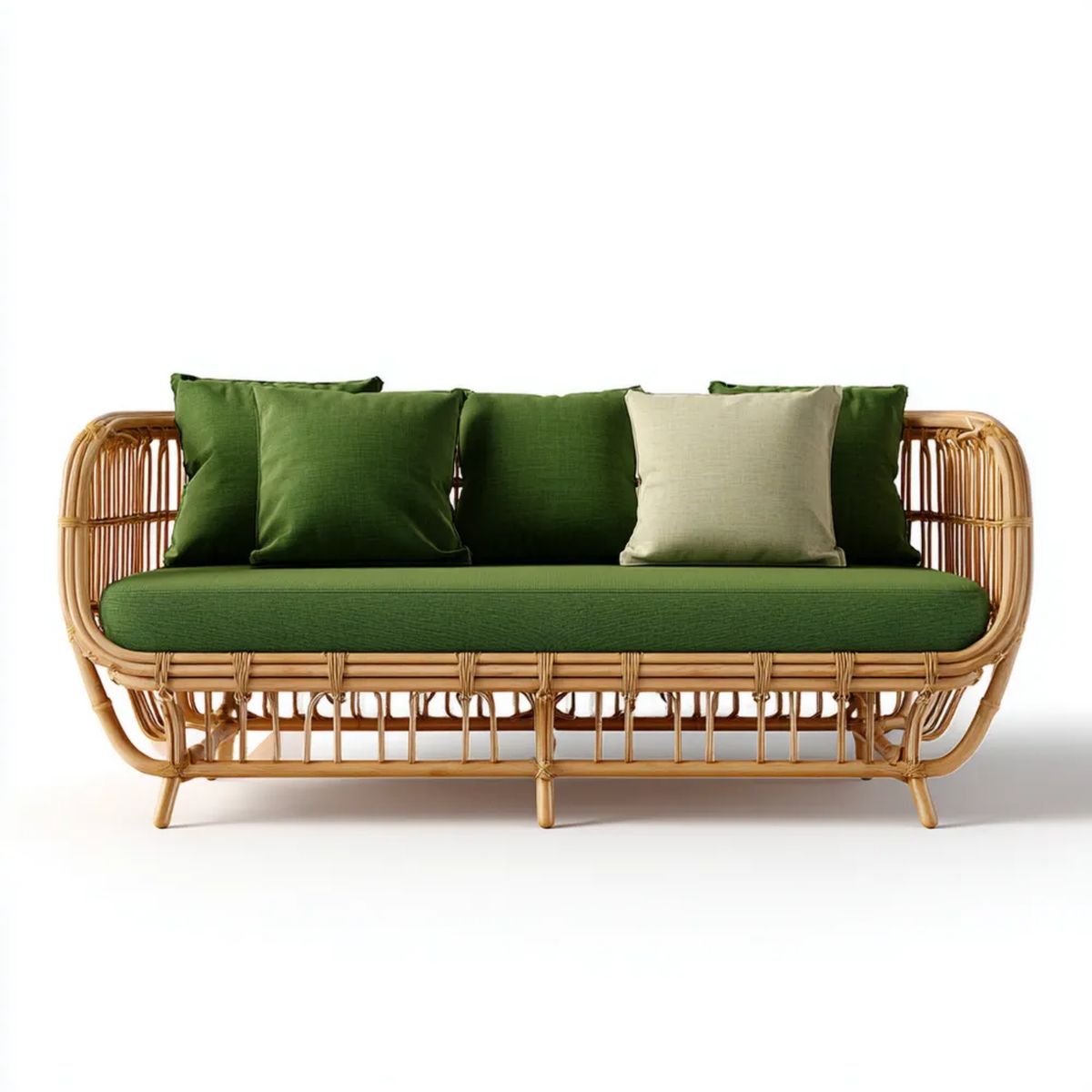 3-osobowa sofa ogrodowa z naturalnego rattanu 180 × 75 × 80 cm, zielona z beżowymi poduszkami