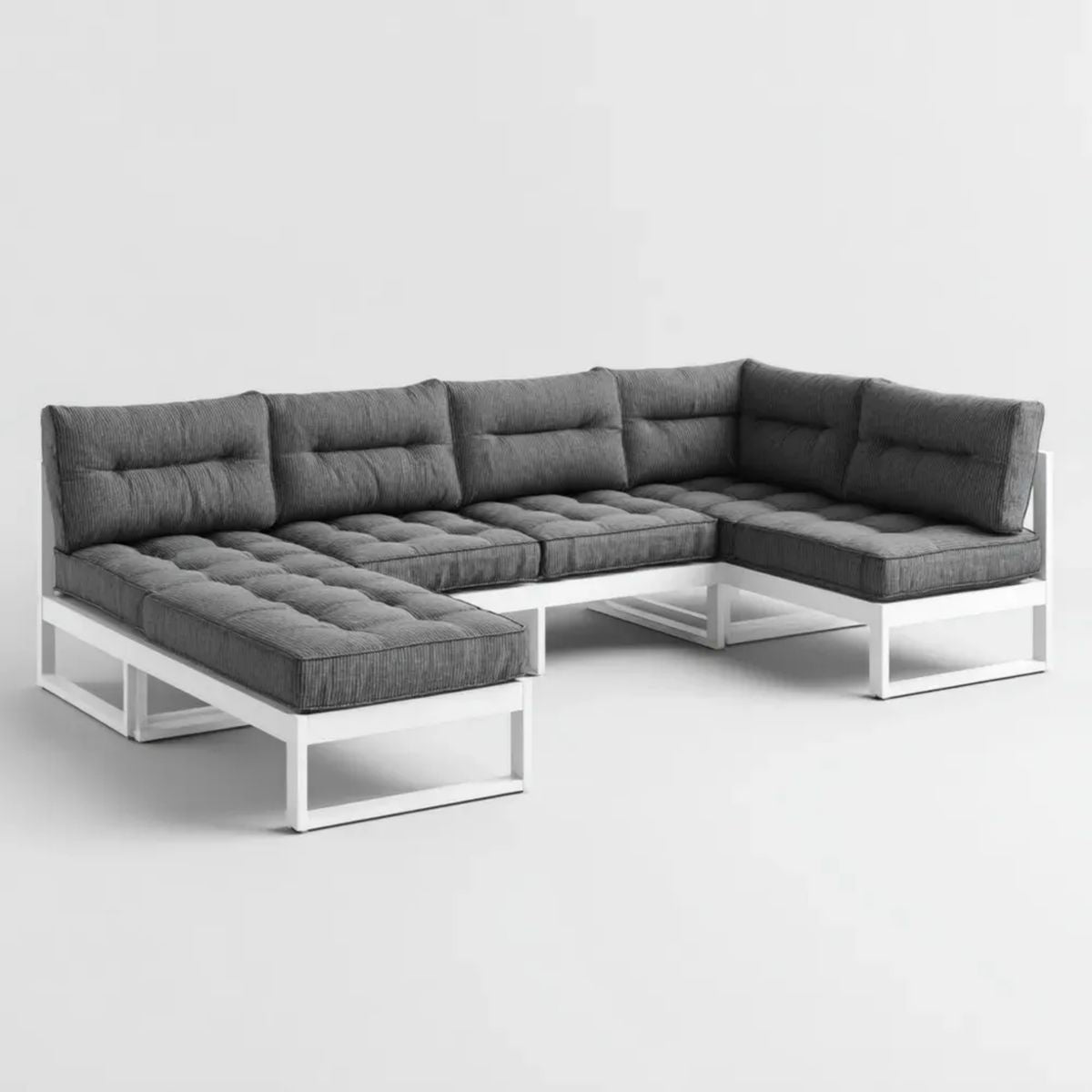 Modułowa 5-osobowa sofa ogrodowa w kształcie U z aluminium i poliestru, biało-grafitowa, 300 × 150 × 65 cm