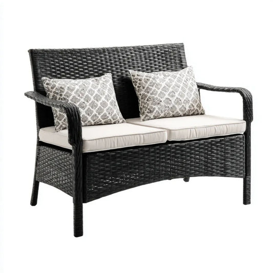 Dwuosobowa sofa ogrodowa z technorattanu, czarna z kremowymi poduszkami, 126 x 68 x 88 cm