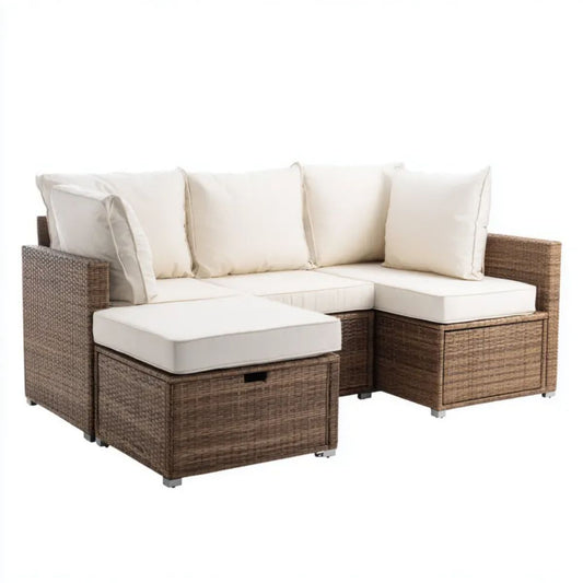 3-modułowa sofa ogrodowa narożna L z technorattanu, brązowo-kremowa, 180 x 70 x 65 cm