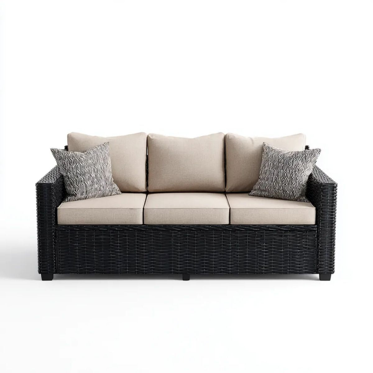 3-osobowa sofa ogrodowa z technorattanu, czarna z beżowymi poduszkami, 200 × 75 × 85 cm