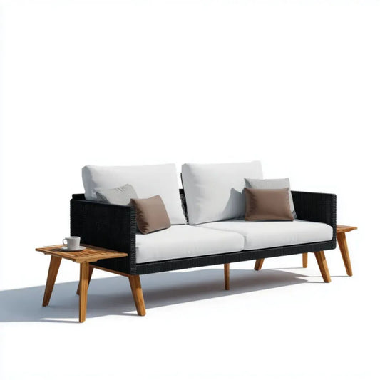 Dwuosobowa sofa ogrodowa z rattanu i drewna czarno-biało-brązowa 200 x 75 x 80 cm