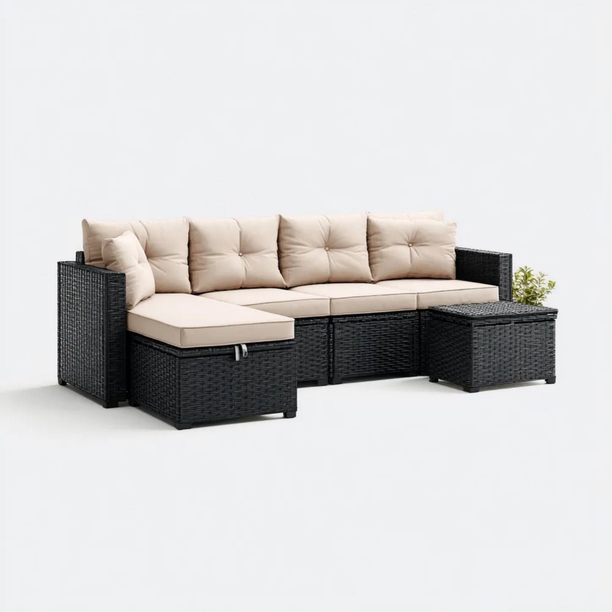 Narożny zestaw mebli ogrodowych z rattanu syntetycznego PE, modułowa sofa ze stolikiem, czarno-beżowy, 280 × 140 × 65 cm