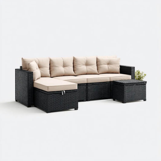 Narożny zestaw mebli ogrodowych z rattanu syntetycznego PE, modułowa sofa ze stolikiem, czarno-beżowy, 280 × 140 × 65 cm