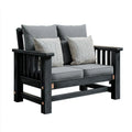 Dwuosobowa sofa ogrodowa drewniana 130 x 75 x 85 cm, czarna z szarymi poduszkami