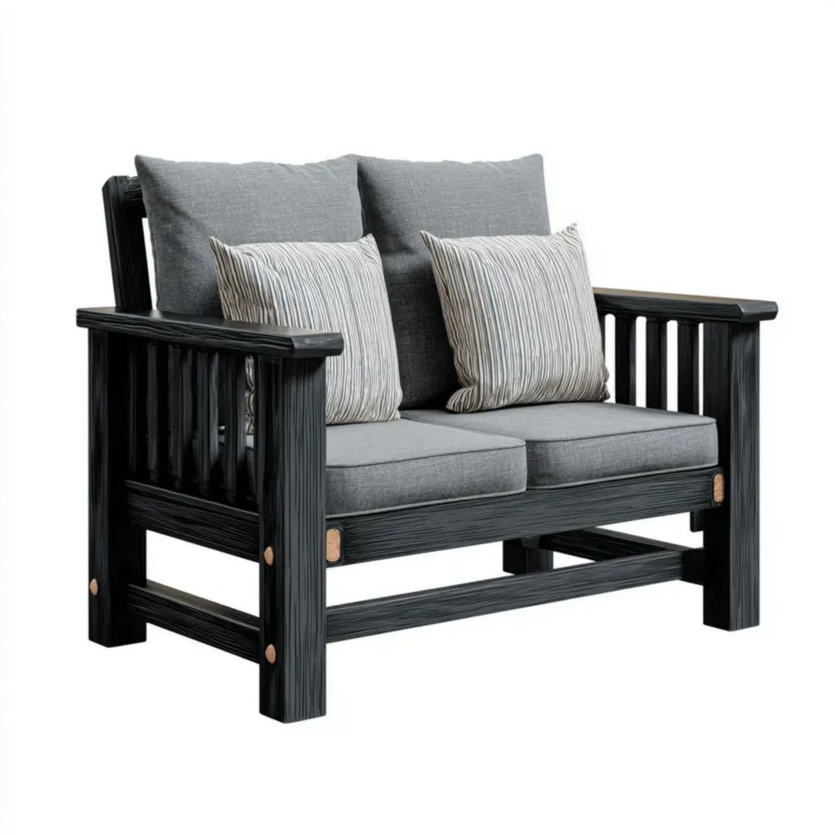 Dwuosobowa sofa ogrodowa drewniana 130 x 75 x 85 cm, czarna z szarymi poduszkami