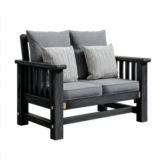 Dwuosobowa sofa ogrodowa drewniana 130 x 75 x 85 cm, czarna z szarymi poduszkami