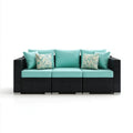 3-osobowa sofa ogrodowa z rattanu PE, czarna z turkusowymi poduszkami, 210 x 75 x 65 cm