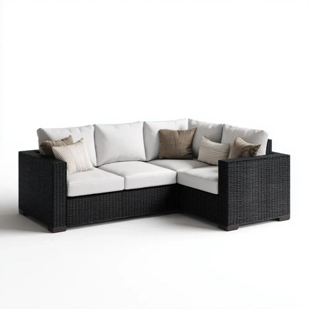 3-osobowa narożna sofa ogrodowa w kształcie L z technorattanu, czarno-biała, 210 × 210 × 85 cm