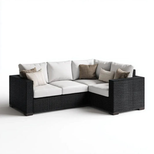 3-osobowa narożna sofa ogrodowa w kształcie L z technorattanu, czarno-biała, 210 × 210 × 85 cm