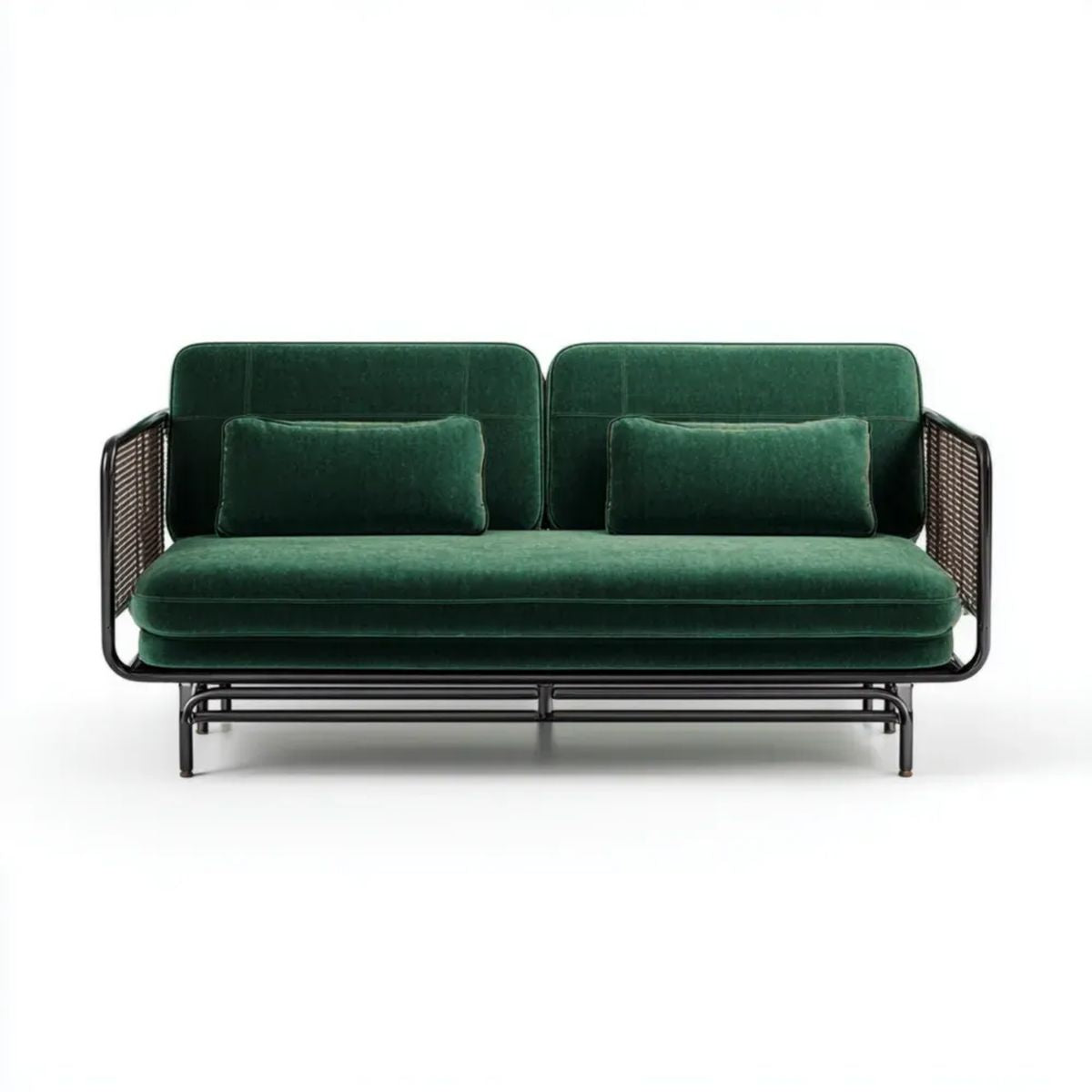 Dwuosobowa sofa z zielonego aksamitu na stalowej ramie, 160 x 75 x 80 cm