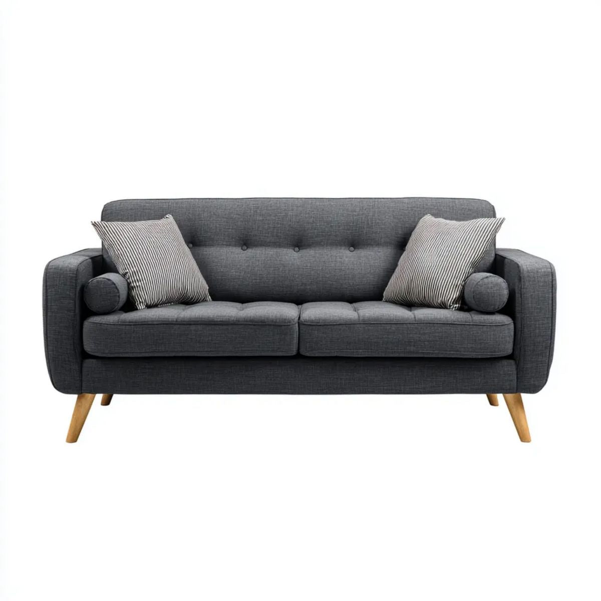 Sofa dwuosobowa szara z tapicerką poliestrową i nogami z litego drewna, 160 x 82 x 85 cm