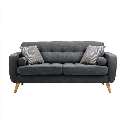 Sofa dwuosobowa szara z tapicerką poliestrową i nogami z litego drewna, 160 x 82 x 85 cm