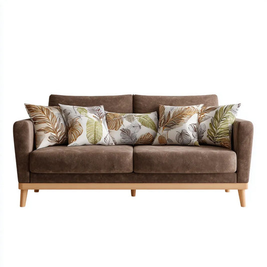 Trzyosobowa sofa brązowa z tapicerką poliestrową, drewnianą podstawą i 5 poduszkami, 200 × 90 × 85 cm