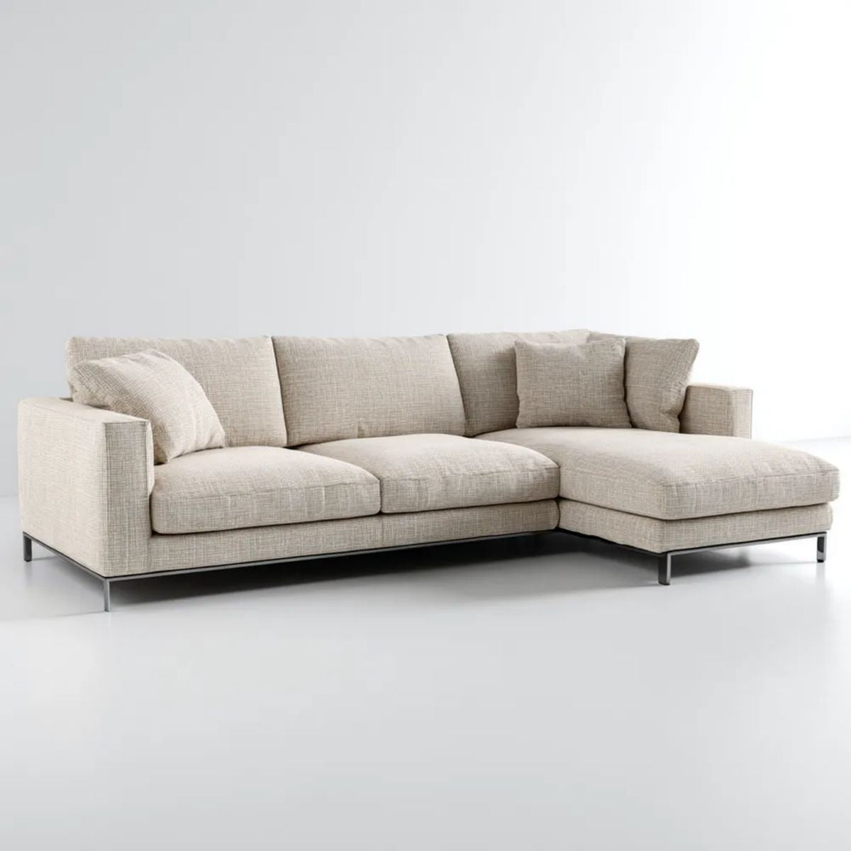 Beżowa sofa narożna z prawostronnym szezlongiem, tapicerka poliestrowa, 280 × 160 × 85 cm