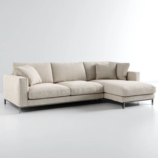 Beżowa sofa narożna z prawostronnym szezlongiem, tapicerka poliestrowa, 280 × 160 × 85 cm