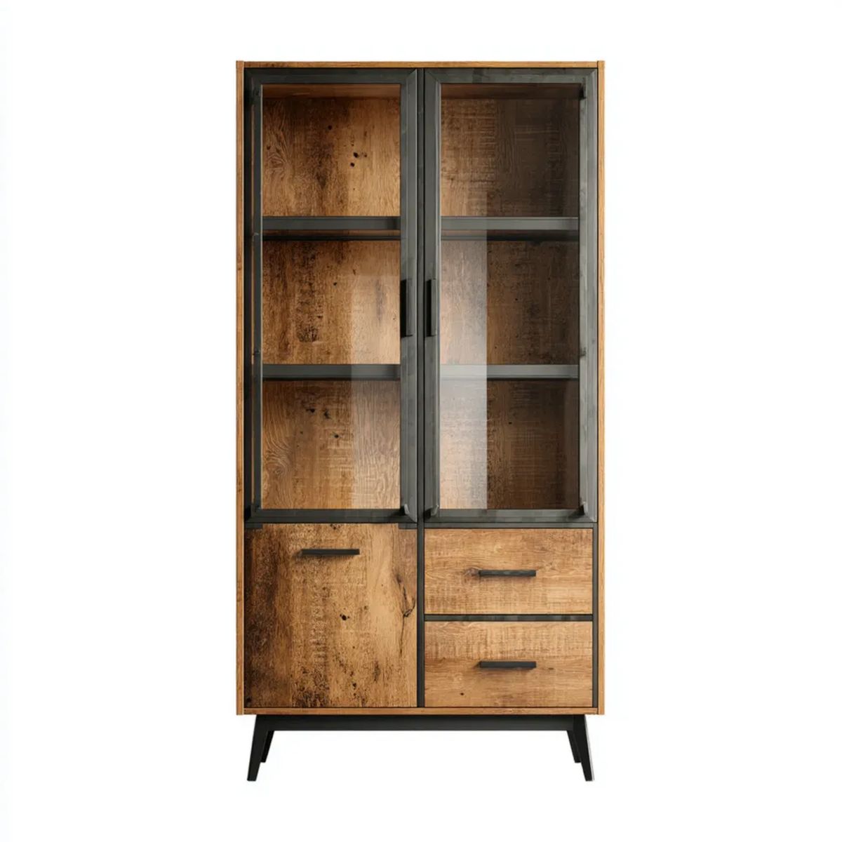 Prostokątna witryna do salonu z litego drewna mango, szkła i metalu, brązowo-czarna, 90 x 40 x 190 cm