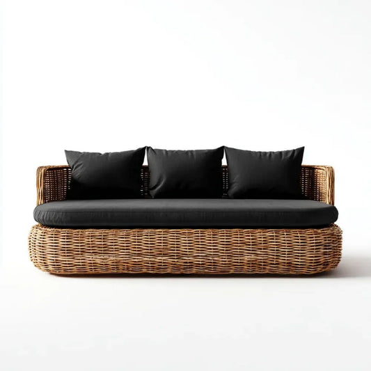 3-osobowa sofa ogrodowa z rattanu, naturalny brąz/czarny, 180 x 80 x 75 cm