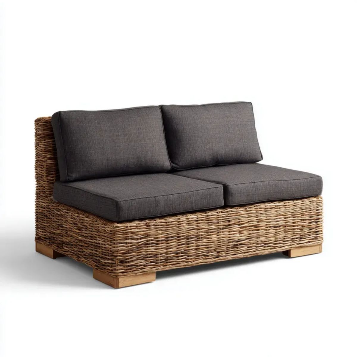 Dwuosobowa sofa ogrodowa z naturalnego rattanu, brązowa z ciemnoszarymi poduszkami, 130 × 75 × 75 cm