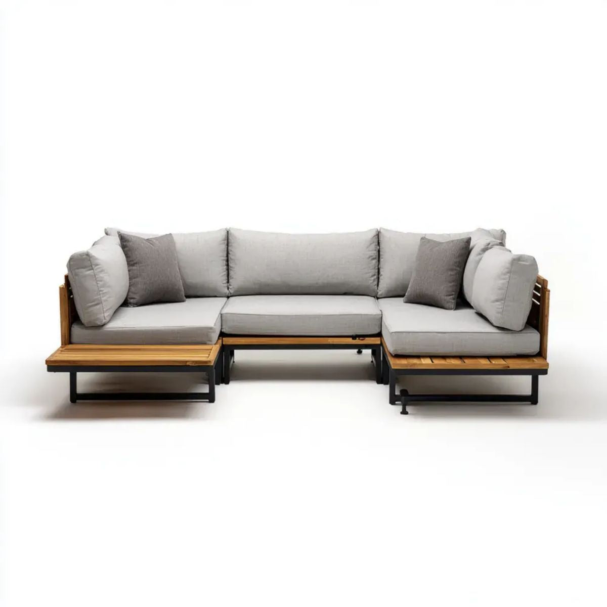 3-osobowa modułowa sofa narożna ogrodowa z drewna i stali, szaro-brązowo-czarna, 240 x 80 x 75 cm