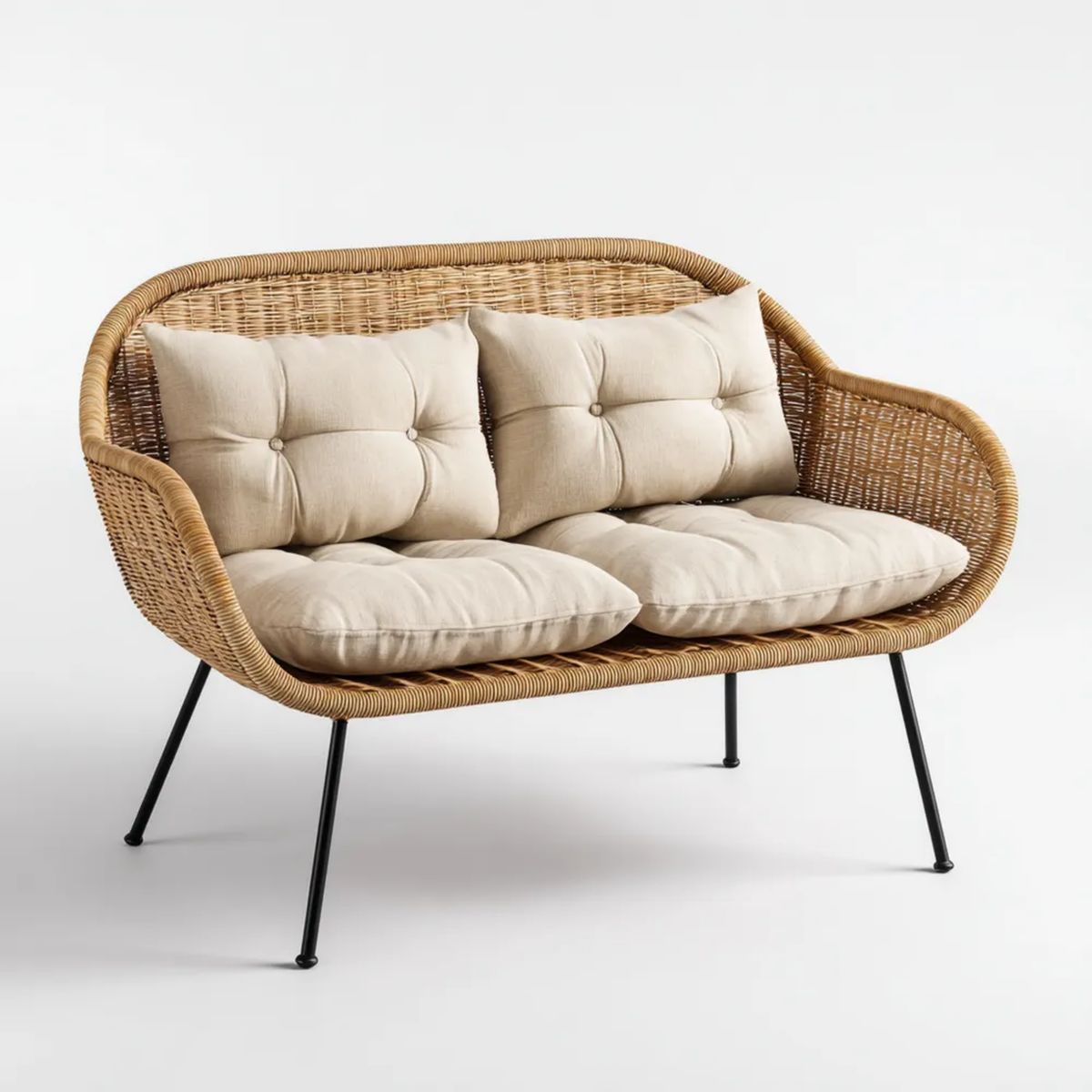 Dwuosobowa sofa ogrodowa z rattanu PE na stalowych nogach, naturalna z beżowymi poduszkami, 126 x 70 x 82 cm