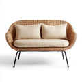Dwuosobowa sofa ogrodowa z rattanu naturalnego, beżowymi poduszkami i stalowymi nogami, 130 x 75 x 78 cm