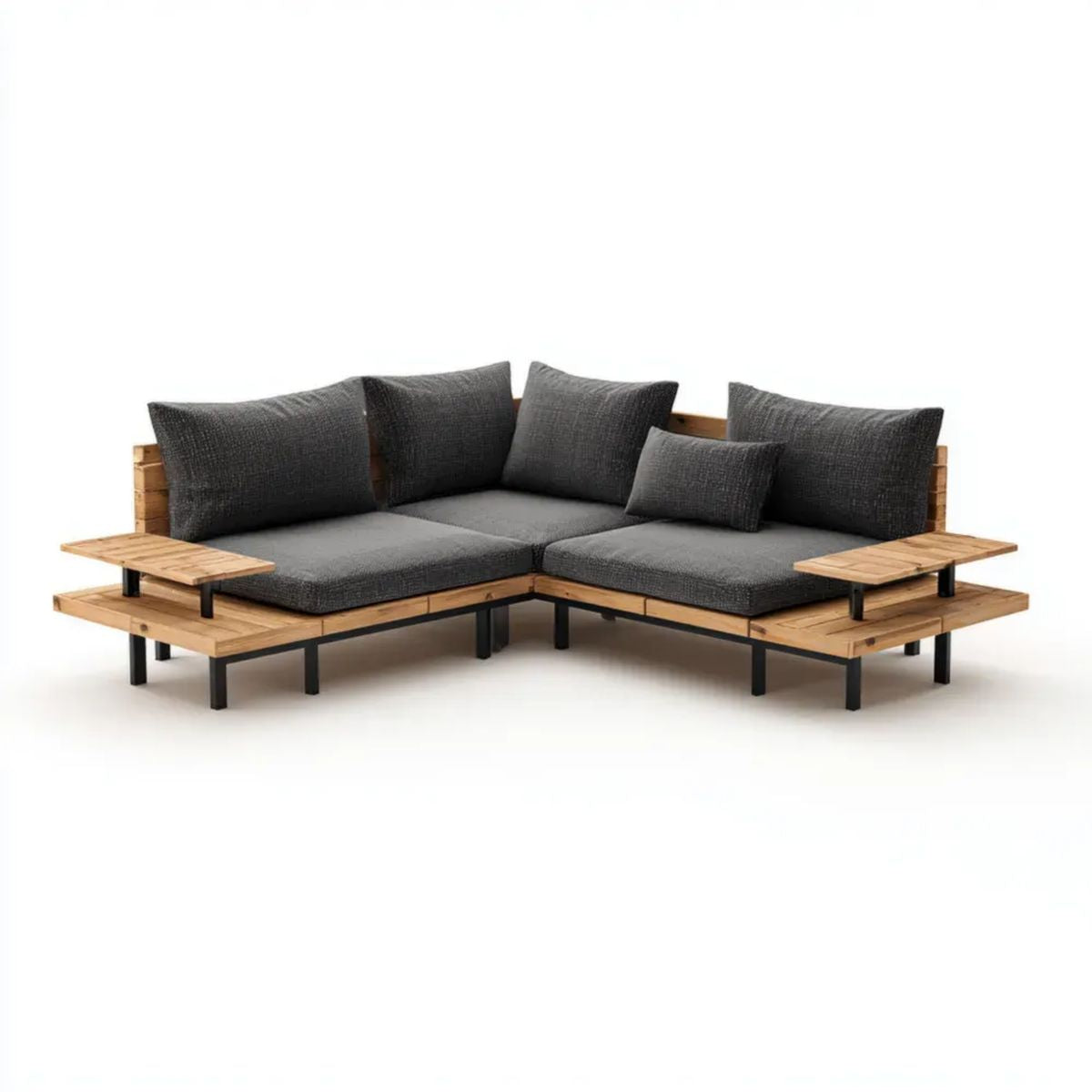 4-osobowa narożna sofa ogrodowa w kształcie L z drewna i stali, naturalna/grafitowa/czarna, 250 x 250 x 75 cm