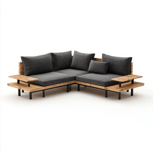 4-osobowa narożna sofa ogrodowa w kształcie L z drewna i stali, naturalna/grafitowa/czarna, 250 x 250 x 75 cm