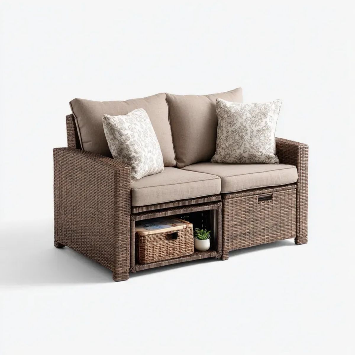 Dwuosobowa sofa ogrodowa z technorattanu brązowa z beżowymi poduszkami, schowkiem i koszem 145 x 75 x 85 cm