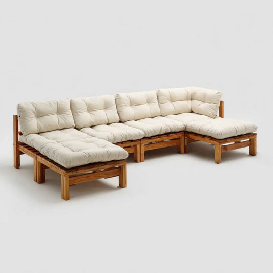 4-osobowa narożna sofa ogrodowa w kształcie L z drewna akacjowego, kremowo-brązowa, 280 x 200 x 80 cm