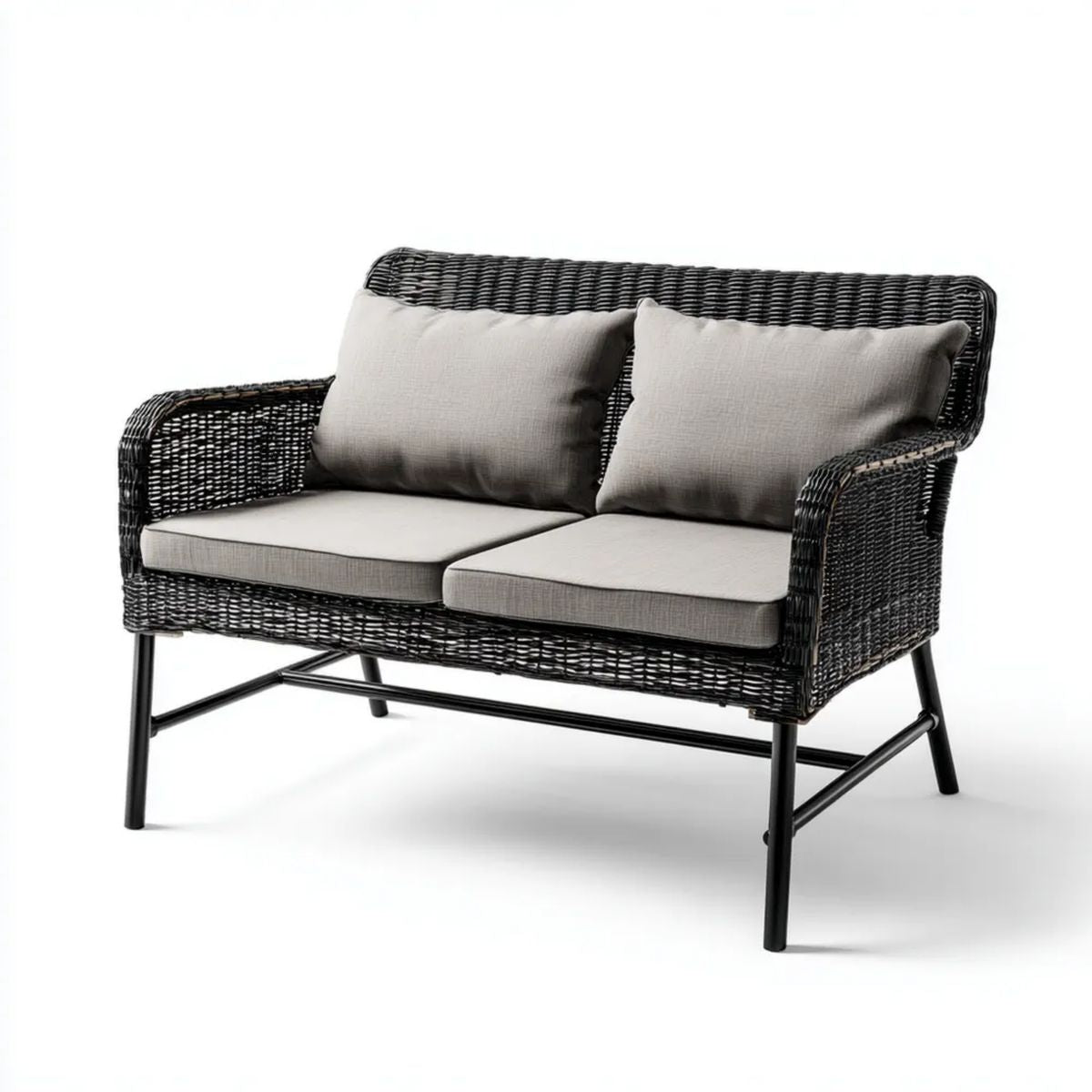 2-osobowa sofa ogrodowa z technorattanu i stalowym stelażem, czarno-szara, 120 × 70 × 78 cm