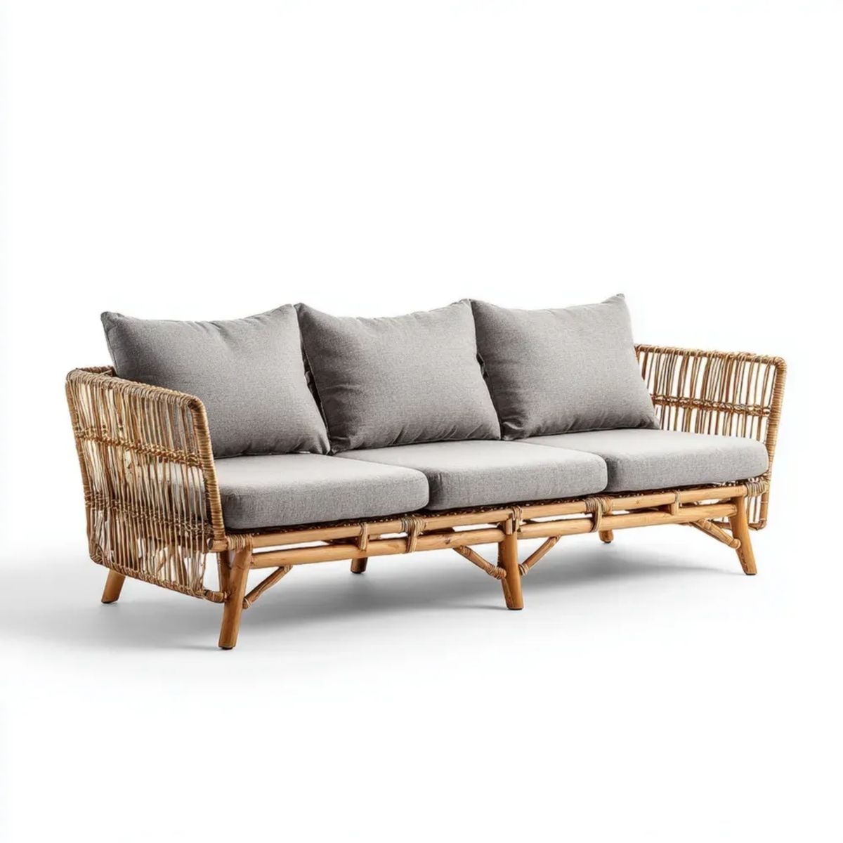 3-osobowa sofa ogrodowa z naturalnego rattanu, brązowo-szara, 210 x 80 x 78 cm