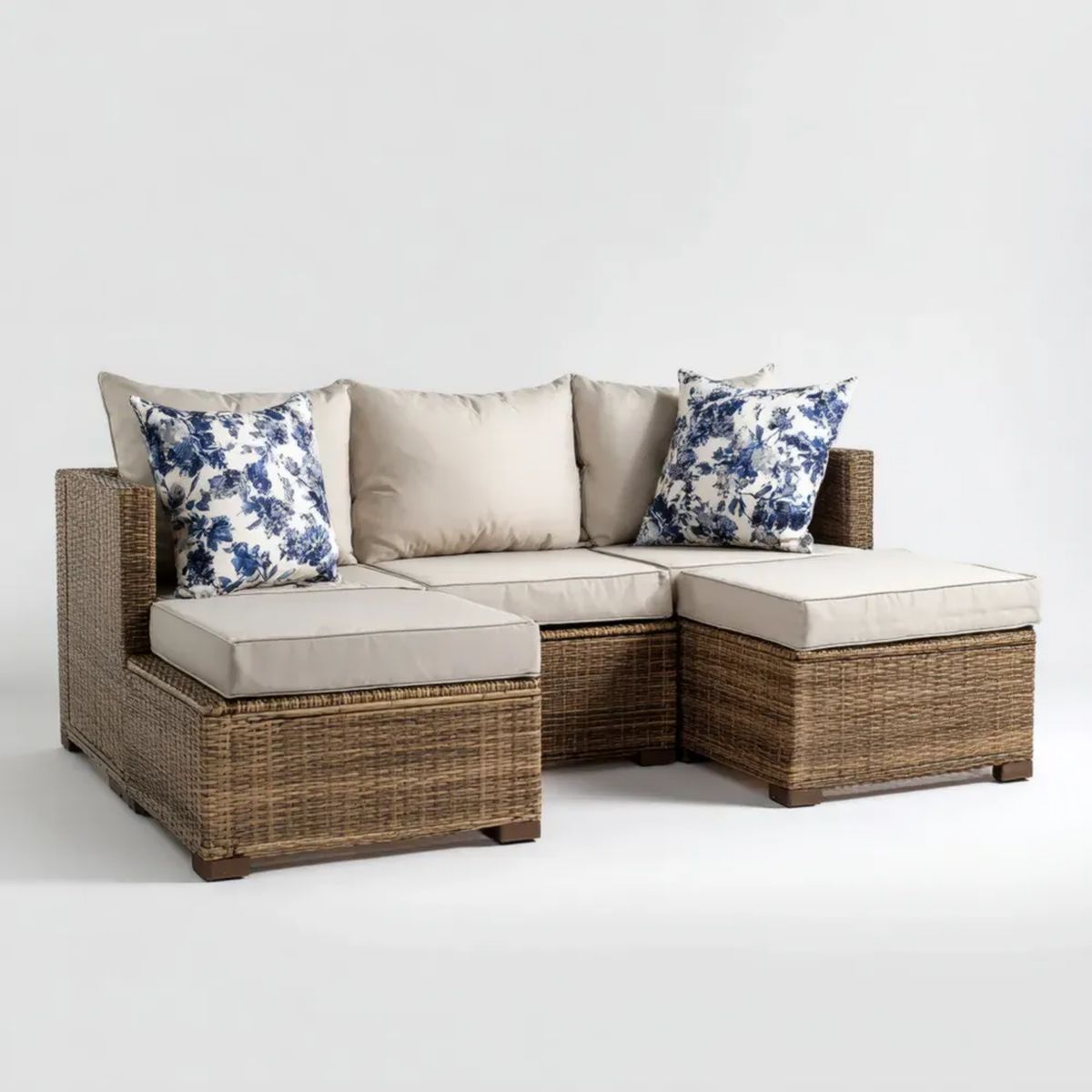 3-częściowa narożna sofa ogrodowa z technorattanu, brązowo-kremowa, 210 x 150 x 85 cm