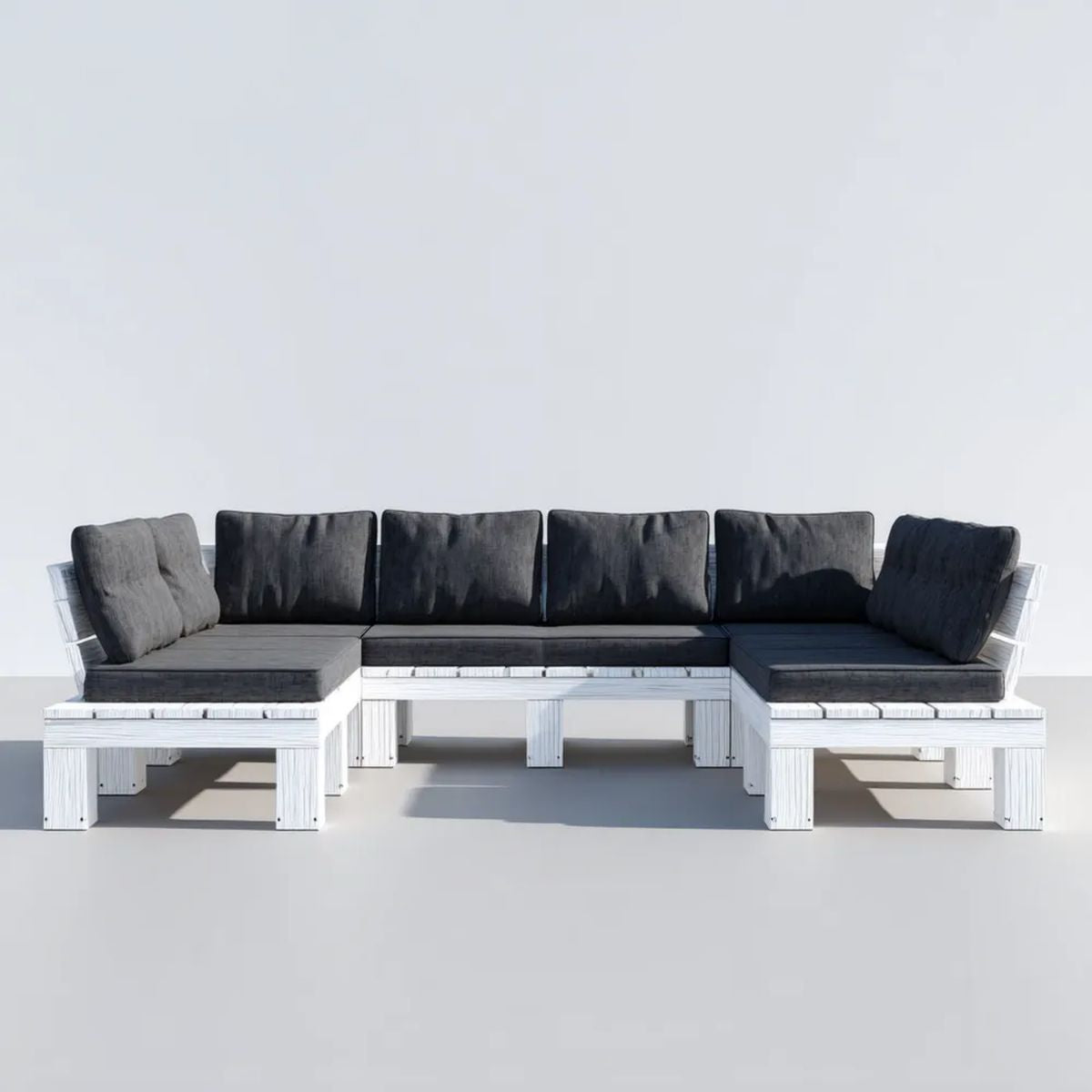 5-osobowa narożna sofa ogrodowa w kształcie U z drewna sosnowego, biało-czarna, 360 x 80 x 65 cm