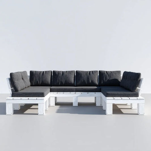 5-osobowa narożna sofa ogrodowa w kształcie U z drewna sosnowego, biało-czarna, 360 x 80 x 65 cm
