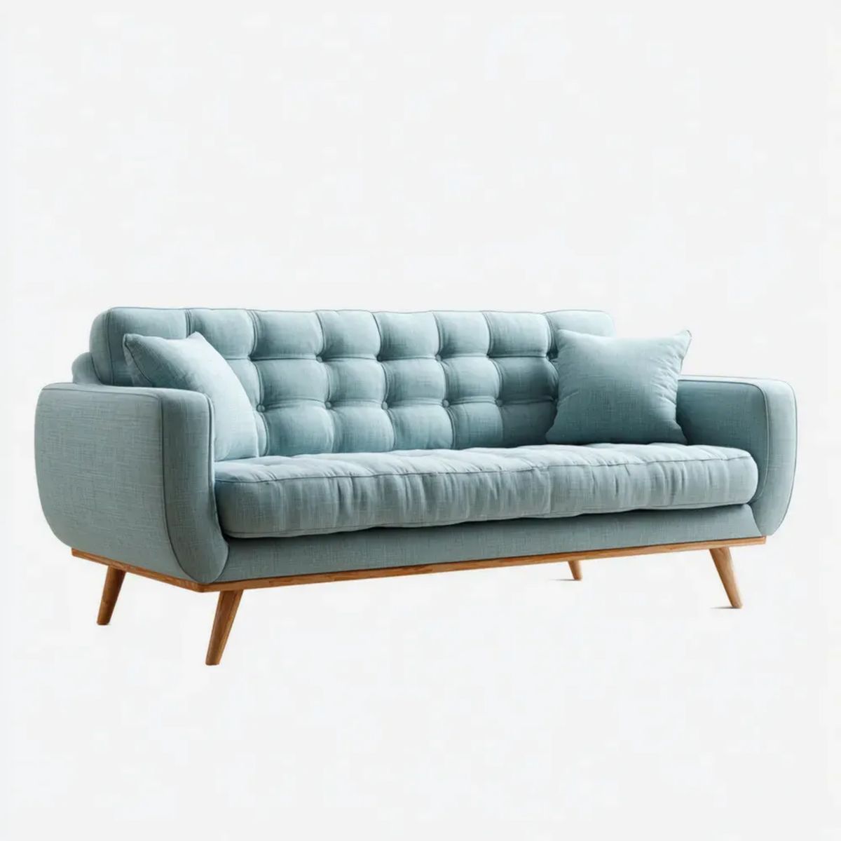 Trzyosobowa sofa z tapicerką poliestrową jasnoniebieska z brązowymi drewnianymi nogami, 210 × 90 × 85 cm