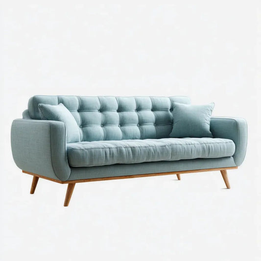 Trzyosobowa sofa z tapicerką poliestrową jasnoniebieska z brązowymi drewnianymi nogami, 210 × 90 × 85 cm