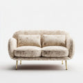 Beżowa sofa dwuosobowa z tapicerką poliestrową i złotymi metalowymi nogami, 150 x 85 x 82 cm