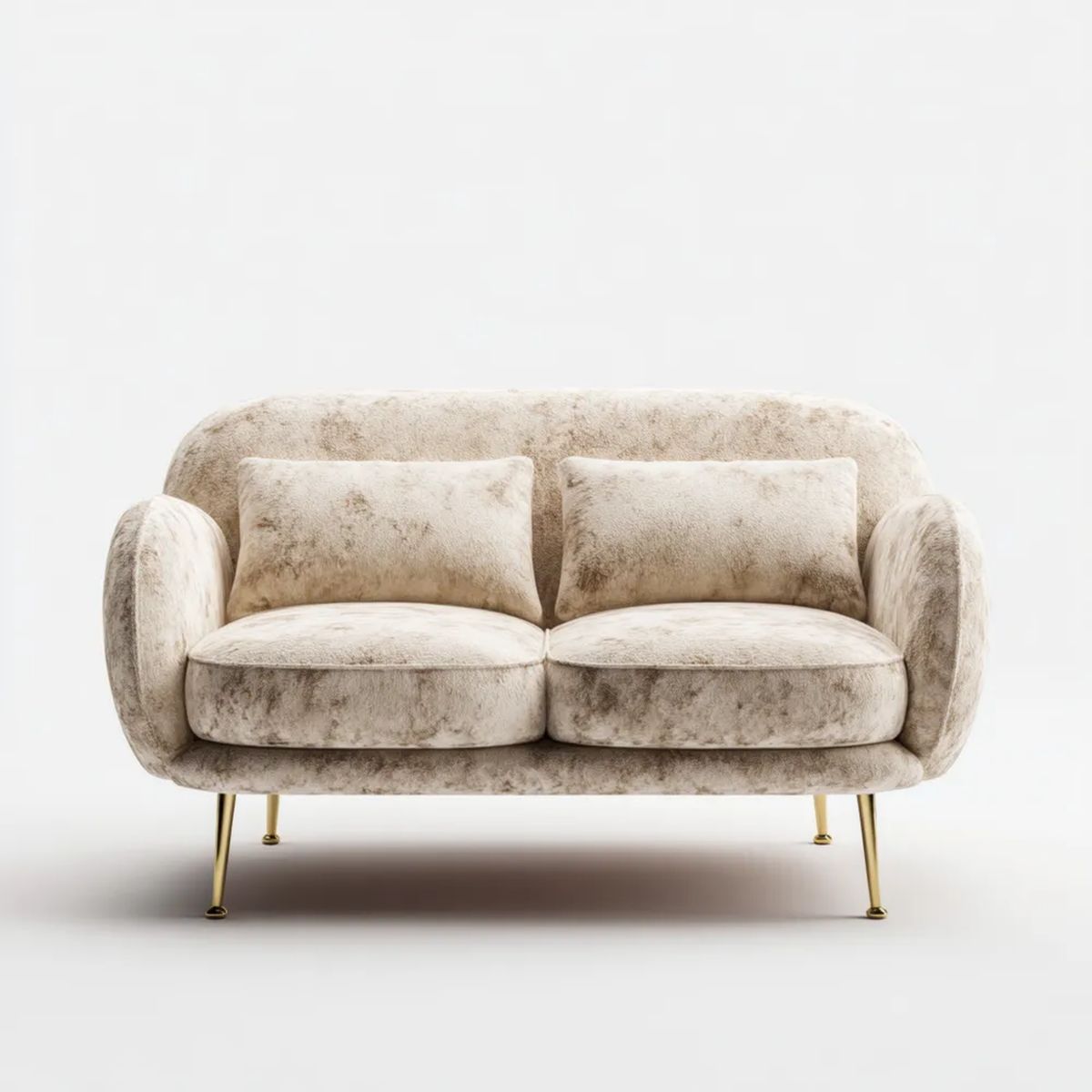 Beżowa sofa dwuosobowa z tapicerką poliestrową i złotymi metalowymi nogami, 150 x 85 x 82 cm