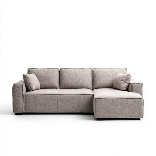 Sofa narożna z prawostronnym szezlongiem szarobeżowa z tapicerką poliestrową 230 x 150 x 85 cm