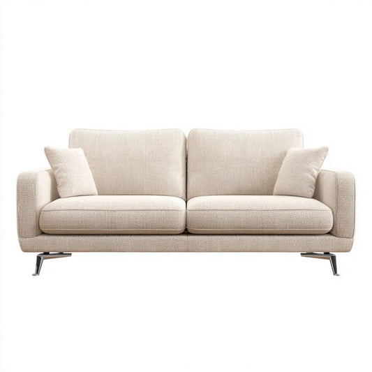 Beżowa sofa 3-osobowa z tapicerką poliestrową i stalowymi nogami, 220 x 90 x 85 cm
